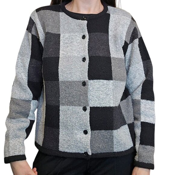 Vintage Y2K Womens M Checkered Cardigan Sweater Gray Black Classic Preppy - Picture 9 of 9